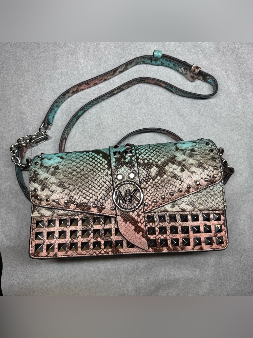 Michael Kors Pink and Teal Snake-Embossed Studded Crossbody